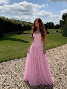 女士纯色针织抹胸拼接雪纺喇叭下摆性感优雅鸡尾酒会度假连衣裙粉色夏季 - 粉色 - 查看 5