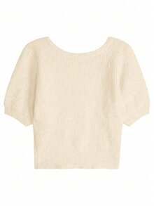 女士纯色方领修身休闲针织上衣（夏季款） - 杏色 - 查看 5