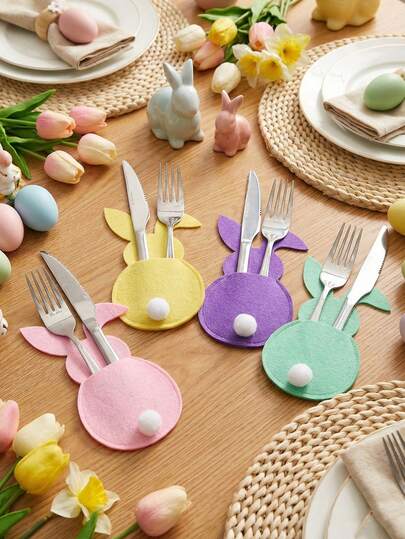 4/8pcs Easter Bunny Cutlery Holder With Pom-Pom Tail, Pastel Felt Rabbit Silverware Pockets, Knife Fork Bag For Spring Easter Dinner Table Decoration ,Room Decor