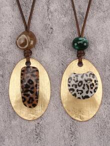 1pc Minimalist Oval Alloy Necklace, Exaggerated Beaded Necklace, Brown Wax Rope Long Necklace, Valentine's Day Party Gift, Gift For Girlfriend/Boyfriend - Yellow Gold - View 3