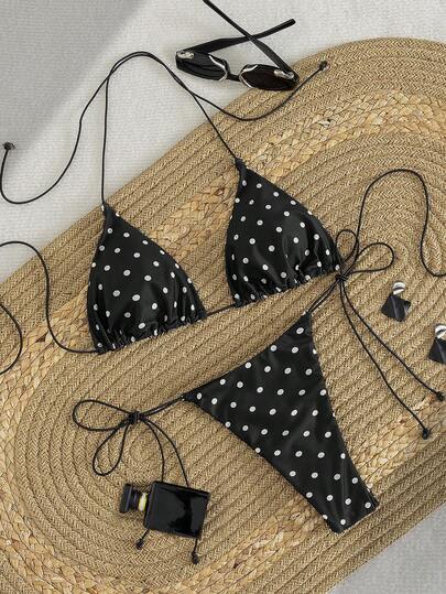  Conjunto de bikini sin mangas con estampado de lunares suaves y tirantes cruzados de PEPPERMOLLY, elegante bikini de moda de verano para la playa para damas
