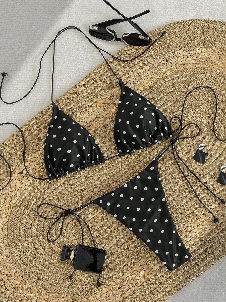 PEPPERMOLLY 新款柔软波点图案无袖交叉绑带比基尼套装，优雅女士夏季沙滩时尚比基尼 - 黑與白 - 查看 1