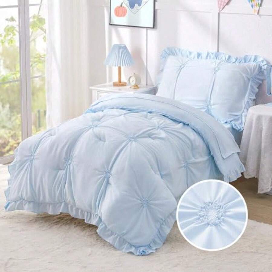 Juego de ropa de cama con diseño bohemio 4 piezas con volantes diseño floral con bordado jacquard incluye edredón sábana bajera sábana plana y funda de almohada color azul-B027 - Azul - Ver 1