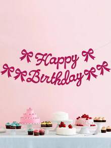 Glitter "Happy Birthday" Pull Flag, Pink Bow Birthday Banner, Birthday Party Decoration Pull Flag, Bow Birthday Theme Pull Flag, Bow Birthday Party Decorations - Hot Pink - View 5