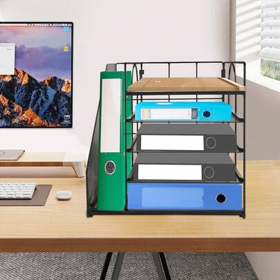 WUPYI Lightweight 5-Tier Desk File Organizer - Easy Clean Metal Mesh Paper Sorter For Home Office, Study, Classroom, Black