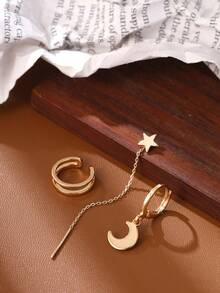 1 Set de Pendientes de Oro Multicapa + Pendientes de Estrella + Cadena de Oreja con Borla de Luna, 3 piezas, Diseño de Nicho Accesorios de Oreja Estratificados, Combinación de Joyería de Estilo Chic Atmosférico - Amarillo Oro - Ver 4