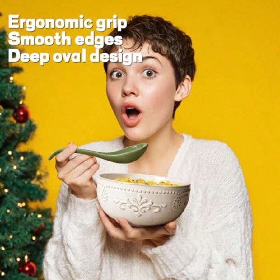 Artena Juego de 6 cucharas de sopa asiáticas de 6.7 pulgadas cucharas de sopa japonesa de porcelana fina cucharas de ramen negras para fideos Pho Miso cucharas de sopa china para bola de masa - Verde - Ver 1