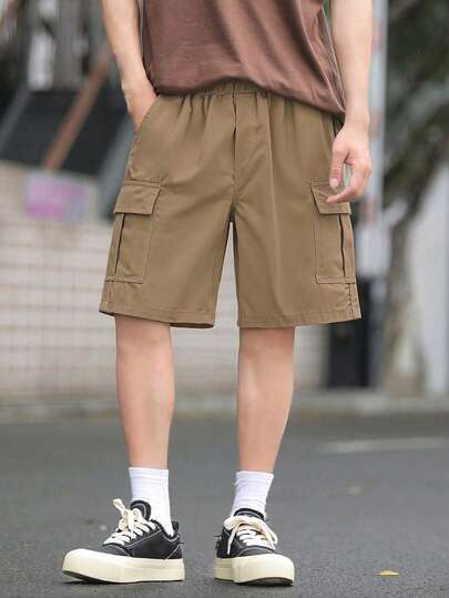 1件装青少年男童休闲直筒及膝短裤，舒适百搭，适合通勤、居家、日常穿着和校园穿着。