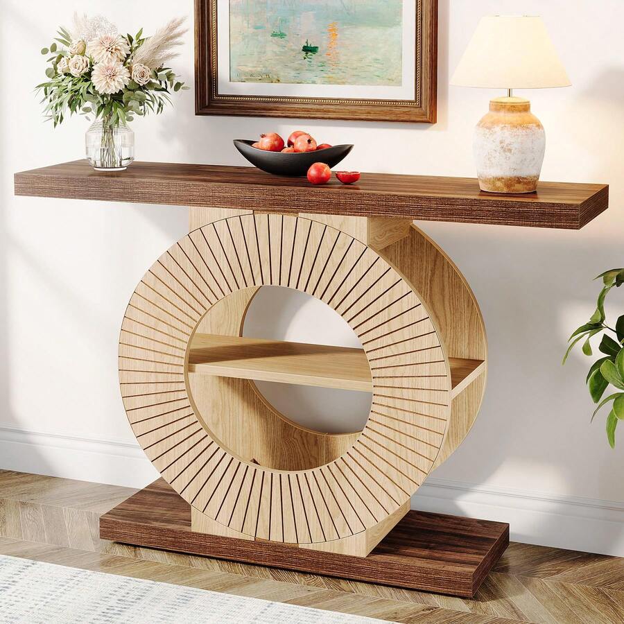 LITTLE TREE Entryway Sofa Table With Circle Base, Console Table With Storage And Shelves For Living Room, Hallway