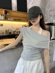 撞色条纹露肩褶皱二合一设计优雅短袖上衣 - 藍色條紋 - 查看 11