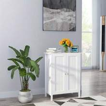 Wooden Cabinet 3 Shelves Double Door Bathroom Storage Floor Organizer White - 白色 - 查看 9