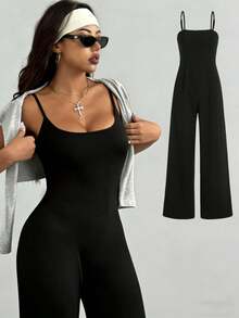 Mono de mujer, diseño de cintura alta, cuello en U y espalda en U, adecuado para uso diario casual, gimnasio, yoga, correr, primavera/verano - Negro - Ver 2