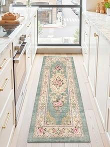 1pc European Style Floral Pattern Long Kitchen Mat, Suitable For Bathroom, Kitchen, Outdoor, Indoor, Hallway, Bedroom, Living Room, Machine Washable Kitchen Rug - Multicolor - View 5