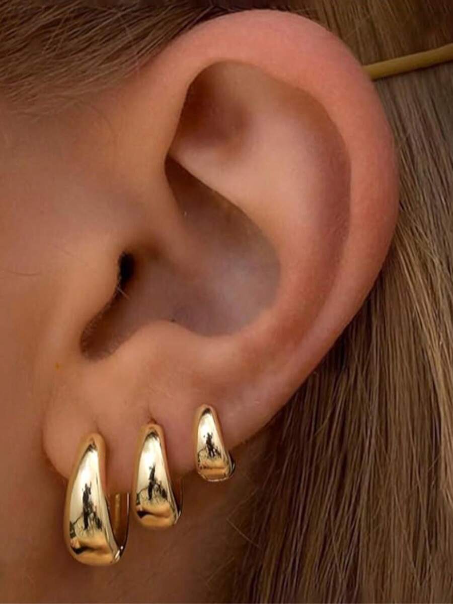 3件套18K镀金抛光不锈钢水滴形耳环 | 简约时尚，光滑弧形镀金，适合婚礼、新娘送礼会、单身派对、订婚、周年纪念、约会之夜、日常佩戴，是送给准新娘、妻子、伴娘的理想个性化礼物 - 18K - 查看 1