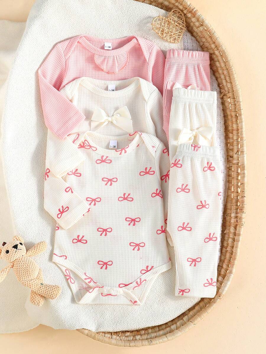3 Stücke/Set Neugeborene Baby Mädchen süße Schleife Dekor Langarm Romper und Taschen Lässig Hose Outfit, geeignet für Frühling/Sommer Outdoor - Verschiedenfarbig - Übersicht 1