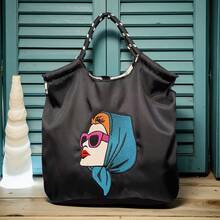 大容量可折叠尼龙手提包，饰有人头刺绣，单肩手提包 - 彩色 - 查看 4