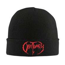 Obituary Heavy Metal Band Logo Knit Beanie Hat - Gothic Lettering & Red/Black Design, Warm Winter Cap For Men & Women, Unisex Rock Music Fan Gift For Concerts & Casual Attire, Durable & Comfortable, Perfect For Fans Of Heavy Metal Music, Stylish & Functional Accessory For Cold Weather, Ideal For Casual & Formal Outings, Bold Statement Piece For Obituary Fans - 黑色 - 查看 3