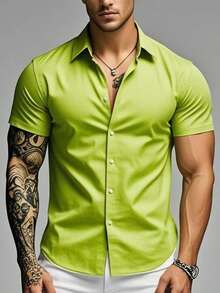 Men's Short-Sleeve Dress Shirt, Regular Fit, Button-Down - Casual Summer - 青檸色 - 查看 1