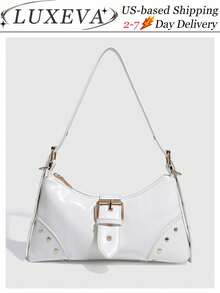 1pc Retro Maillard Distressed Leather Motorcycle Bag With Studs And Buckles, Soft Touch, Folded Detail, Cloud Shape, Shoulder & Crossbody Bag, Suitable For Work, Commute, Date And Party, Retro Inspired Vintage Bag For Women, Halloween Purse Perfect For Fancy Party Halloween Fashion & Gothic Fashion , Vintage Bag - trắng - Xem 10