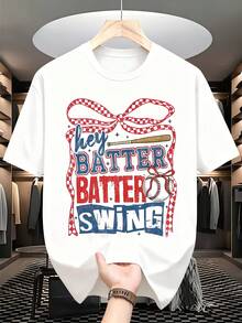 Hey Batter Batter Swing Baseball Graphic T-Shirt For Women Sporty Casual Top Summer Outfit Fun Gift For Baseball Fans, It Is A Perfect T-Shirt To Give To Friends And Family On Any Holiday Or Festive Occasion, 220g - 白色 - 查看 2