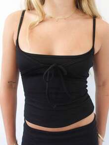 Women's Tie Front Camisole Top Spaghetti Strap Slim Fit Backless Y2K Casual Top - 黑色 - 查看 3
