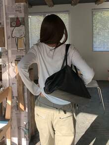 女士拼接荷叶边下摆长袖T恤，独特设计，修身剪裁，适合叠穿，秋季休闲白色春季款 - 白色 - 查看 2