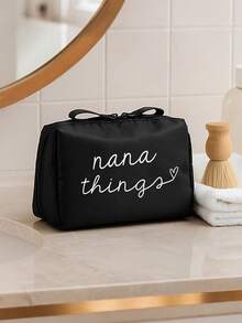 Nana Things Elegant Handwritten "Nana Things" Heart-Shaped Cosmetic Bag, Black With White Letters, Women's Portable Travel Organizer, Handmade Quality, Best Mother's Day Christmas Gift For Friends And Grandmothers Makeup Bag Toiletry Bag Skincare Bag Wash Bag Toiletry Travel Bag Vacation Essentials For Women Travel Bags For Women Large Capacity Bag - Multicolor - View 6