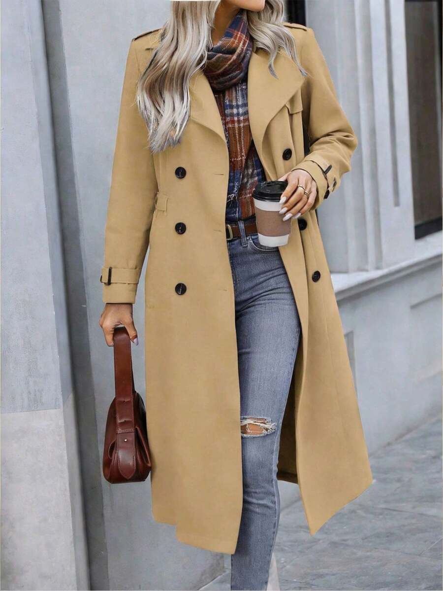 Magic Mia Women's Long Winter Trench Coat - Classic Double-Breasted Long Lapel Design | Timeless Fall Winter Outerwear For Office, Casual & Daily Versatile Style - 卡其色 - 查看 1