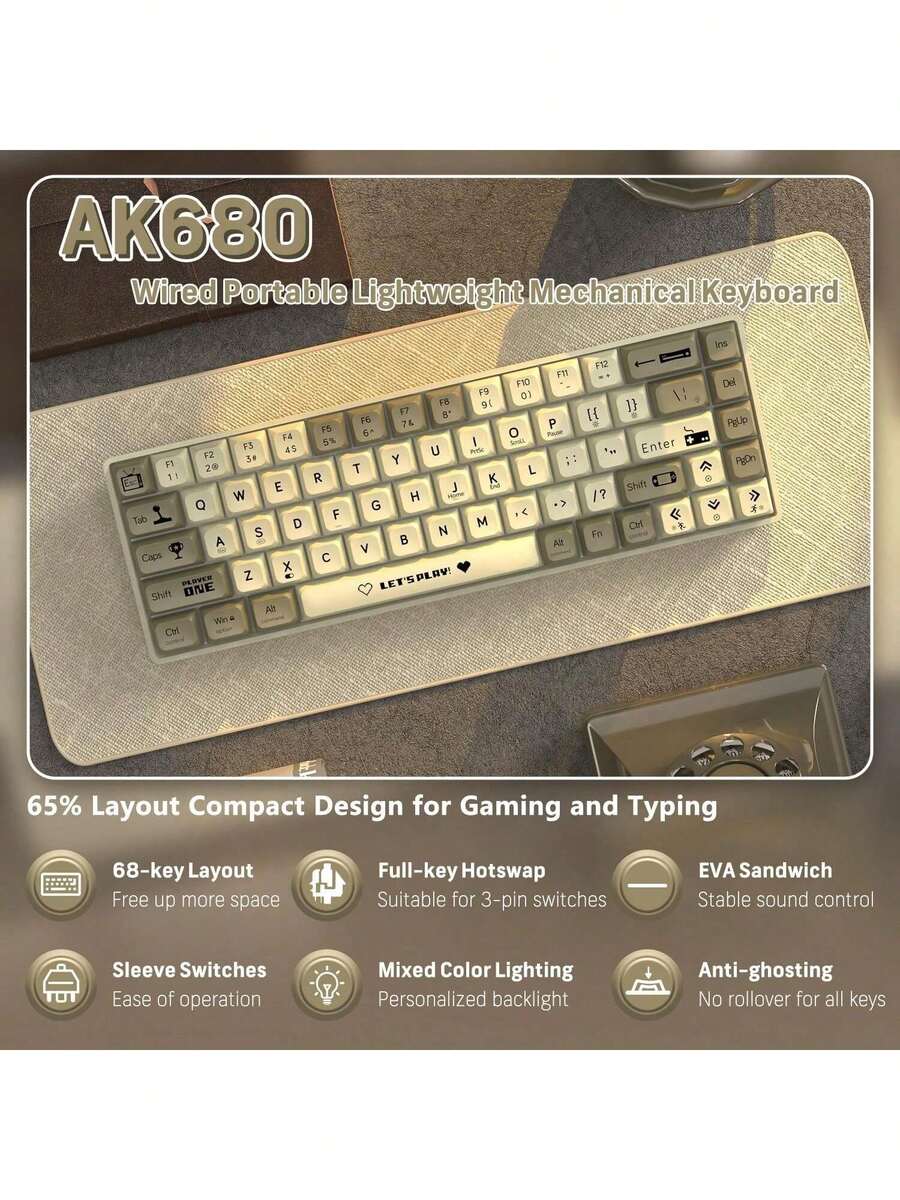 ATTACK SHARK AK680 60% 有线机械游戏键盘，支持热插拔轴体，RGB 彩虹背光，UV 印刷，EVA 音效控制，防鬼键，可编程，红轴 - 彩色 - 查看 1