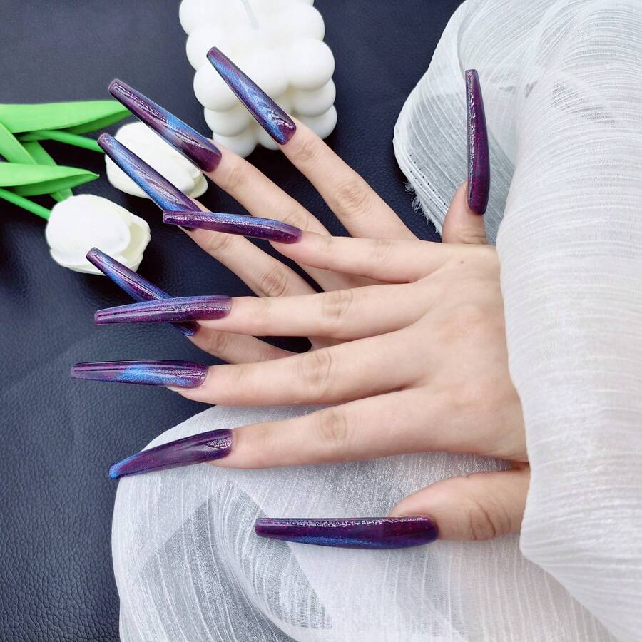 Holographic Purple Blue Ombre 2026 Handmade Press On Nails, Extra Long Coffin Fake Nails, Removable Reusable Stylish Edgy Nails - OM1073 - View 1