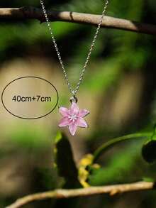 1pc Lily Pink Flower Delicate Pendant Necklace, Silver Chain Floral Necklace, Birthday/Wedding Gift - Multicolor - View 3