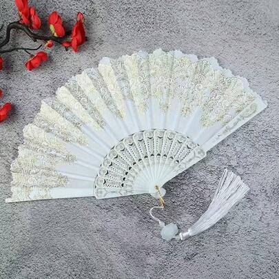 Breezier White Cherry Blossom Hand Fan With Gold Foil Print, Suitable For Home Use