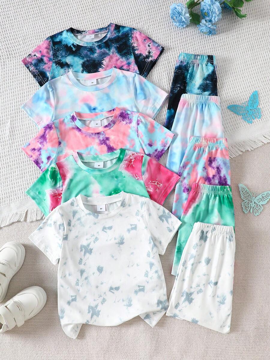 Bộ 10 món áo thun ngắn tay và quần short dệt kim mềm mại, thoải mái, in họa tiết nhuộm tie-dye cho bé gái, thích hợp mặc ngoài trời, mùa xuân/hè. - Nhiều màu - Xem 1