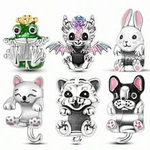 1pc Silver Color Cubic Zirconia Cute Animal Themed Frog Dragon Rabbit Cat Tiger Dog Bead Charm For 3mm Bracelet Necklace Great Addition Diy Bead Pendant Super Value Ideal For Versatile Whimsical & Playful Design For Gifts Daily Wear Holiday Presents & Pet Celebration Events - Silver - View 1
