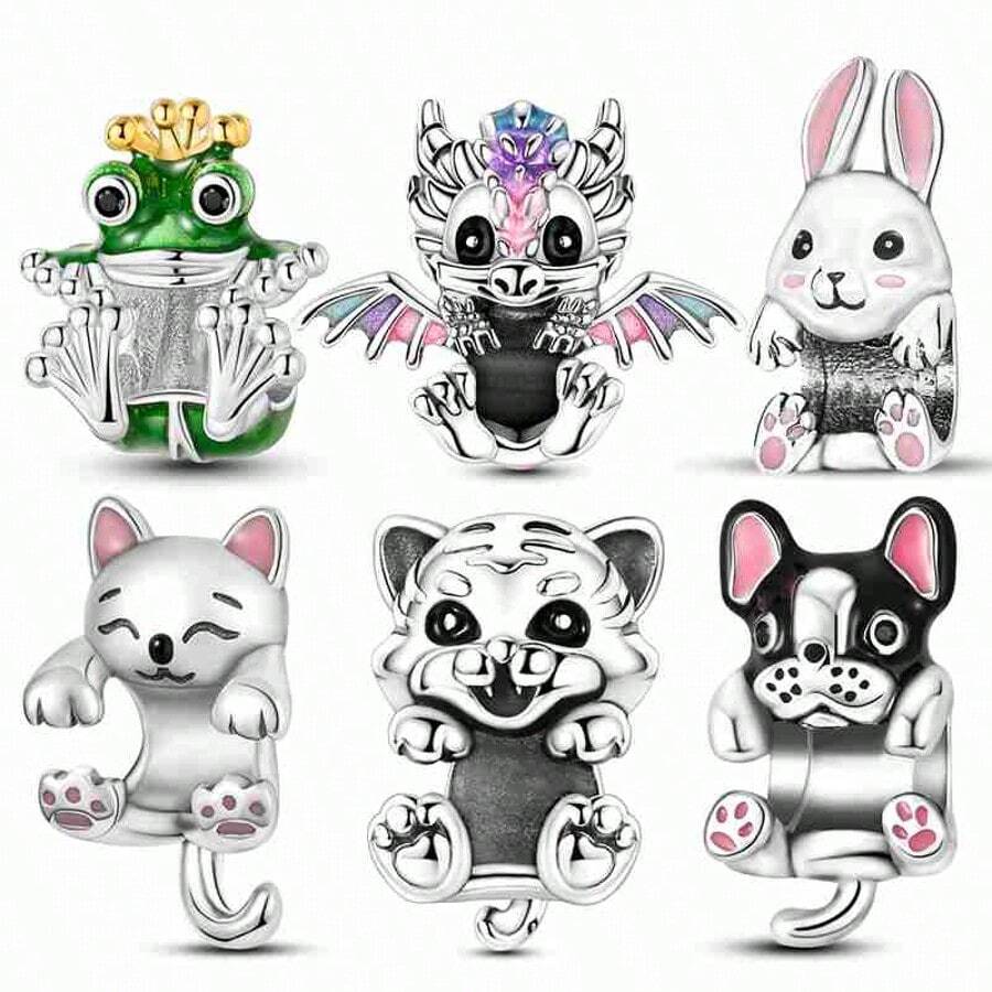 1pc Silver Color Cubic Zirconia Cute Animal Themed Frog Dragon Rabbit Cat Tiger Dog Bead Charm For 3mm Bracelet Necklace Great Addition Diy Bead Pendant Super Value Ideal For Versatile Whimsical & Playful Design For Gifts Daily Wear Holiday Presents & Pet Celebration Events - Silver - View 1