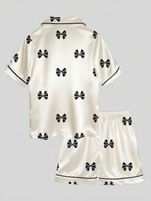 2 piezas Conjunto de pijama de pantalón corto y manga corta con lazo blanco para niña preadolescente - Multicolor - Ver 8