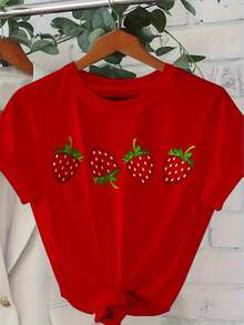 1 Piece Women's Casual T-Shirt - Cute Strawberry Pattern Loose Fit, Essential For Daily Party Wear, Non-Stretch Fabric, Machine Washable Top, Soft Texture Design, Tops For Women, Vacation Outfits For Women - 紅色 - 查看 1