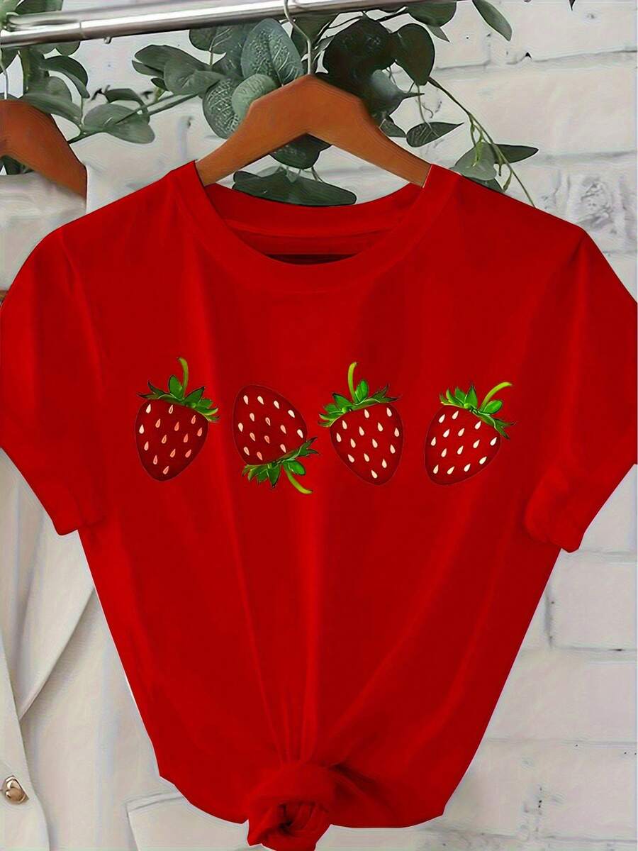 1 Piece Women's Casual T-Shirt - Cute Strawberry Pattern Loose Fit, Essential For Daily Party Wear, Non-Stretch Fabric, Machine Washable Top, Soft Texture Design, Tops For Women, Vacation Outfits For Women - 紅色 - 查看 1