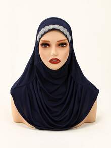 قطعة واحدة غطاء رأس نسائي أحادي اللون، وشاح رأس قابل للطي مريح من البوليستر، وشاح رأس عملي، توبون، خمار طويل فوري، مناسب للارتداء اليومي في جميع الفصول - وشاح رأس مطوي مرصع بأحجار الراين المتلألئة - مشاهدة 22