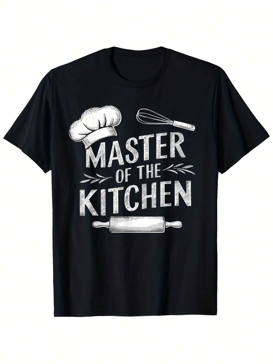 Camiseta gráfica de chef Master of the Kitchen para hombre, estilo vintage, negra con texto blanco y diseño de cortador de chef, cuello redondo informal para cocinar y playa, cómoda para todo tipo de climas. - Negro 1 - Ver 1