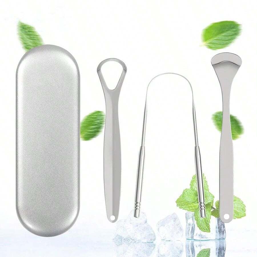 3pcs Stainless Steel Tongue Scraper With Large Case, Tongue Scraper, Tongue Coating Scraper, Oral Care Tool For Fresh Breath,Oral Cleaning Tool,Travel Essential
