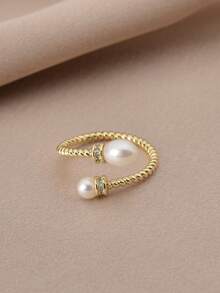 1 chiếc nhẫn mạ vàng 18K đính ngọc trai nước ngọt tự nhiên và đá Cubic Zirconia, kiểu dáng hở, thích hợp làm quà tặng Ngày của Mẹ/Ngày Valentine/Sinh nhật cho phụ nữ. - trắng - Xem 2