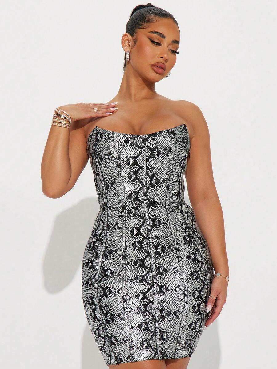 Women's Spring & Summer Mini Metallic Gray/Silver Print Bodycon Bandage Dress For Valentines' , Dancing Club , Cocktail , Special Occasion Party - Silver - View 1