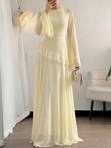 Unadoll 女士春夏圆领喇叭袖连衣裙，收腰设计，荷叶边装饰，网纱面料，优雅独特，适合约会、度假、生日、派对、情人节等场合。 - 杏色 - 查看 11