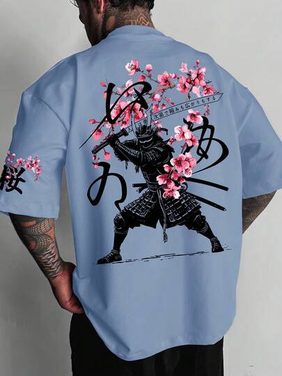 男士休闲日式武士樱花图案印花短袖圆领T恤，白色