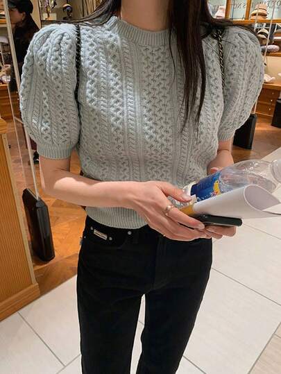 女式纯色麻花针织短袖休闲毛衣上衣