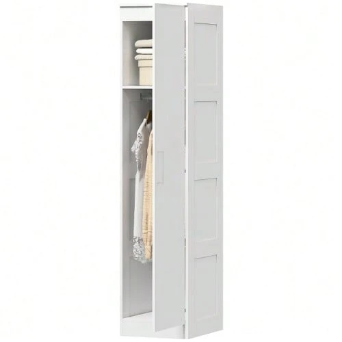 Multifunctional Wardrobe With Hanging Rail, Shelf And Soft-Close Door, 40 X 52 X 180 Cm, White - White - View 1