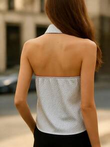 女士夏季优雅休闲条纹系带露背吊带背心上衣沙滩夏季上衣 - 白色 - 查看 3