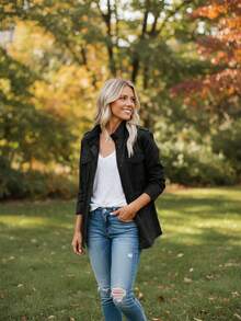 Women's Casual Black Woven Fabric Long Sleeve Regular Length Jacket With Pocket And Zipper Details - 黑色 - 查看 2