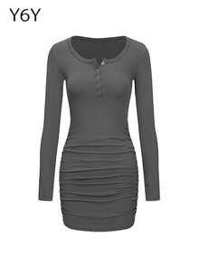 [Y6Y] 女士休闲性感A字短款连衣裙，圆领长袖针织弹力修身迷你连衣裙 - 灰色 - 查看 6